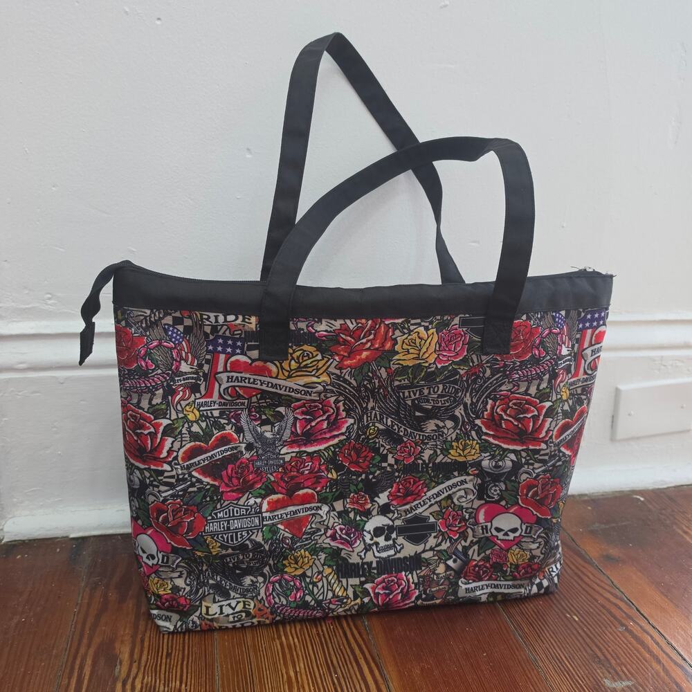 Harley Davidson Womens Tattoo Rose Skull Tote Bag Zip Top Black Multicolor